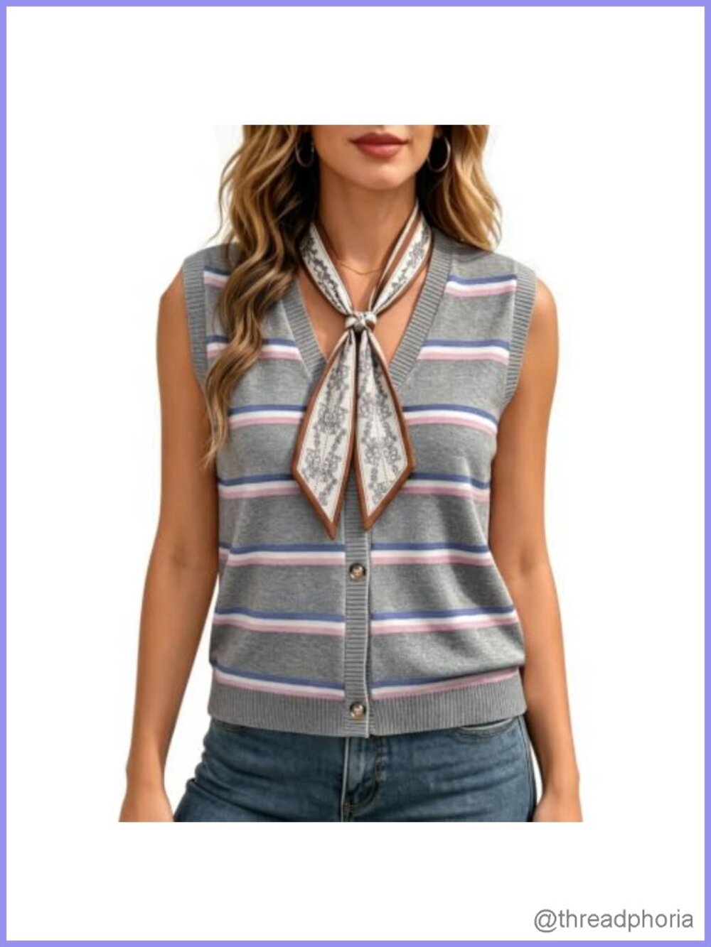 2PC Striped Knit Sleeveless Sweater Vest Top Satin Scarf Set Polyester Blend